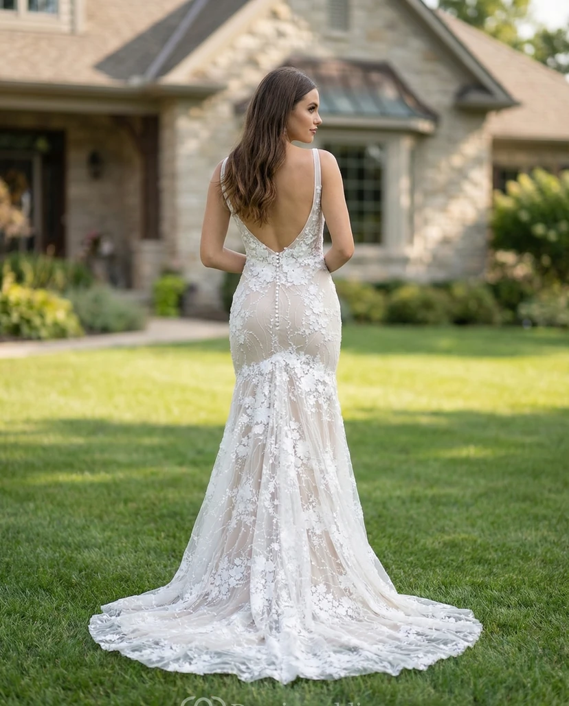 Brautkleid mit Blumenstickerei, tiefem V-Ausschnitt und Meerjungfrauen-Silhouette view 2