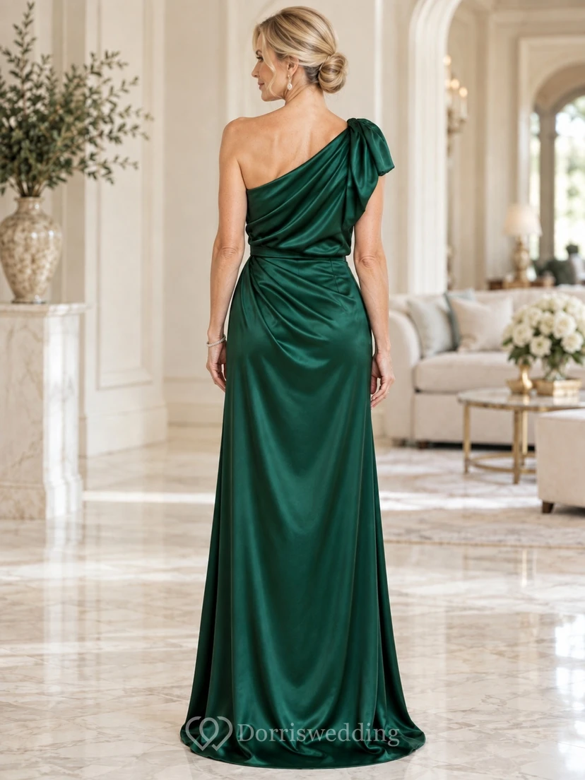 Smaragdgrünes, formelles, einseitig schulterfreies, ärmelloses, drapiertes Satin-Abendkleid in Bodenlänge view 2
