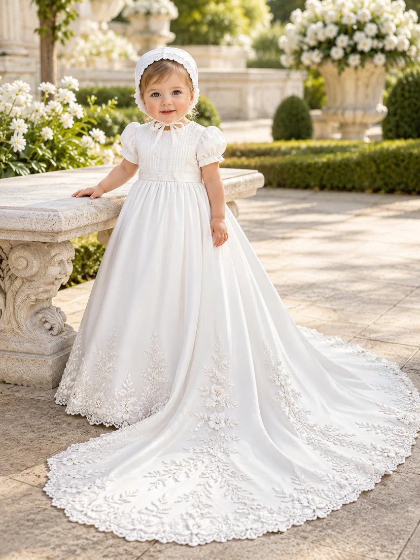 Vestido de lujo para ceremonia de bautizo/bautizo, corte A, largo hasta el suelo, cola catedral, cuello joya, manga corta, lazo de encaje de tul en la espalda y botones en la espalda.