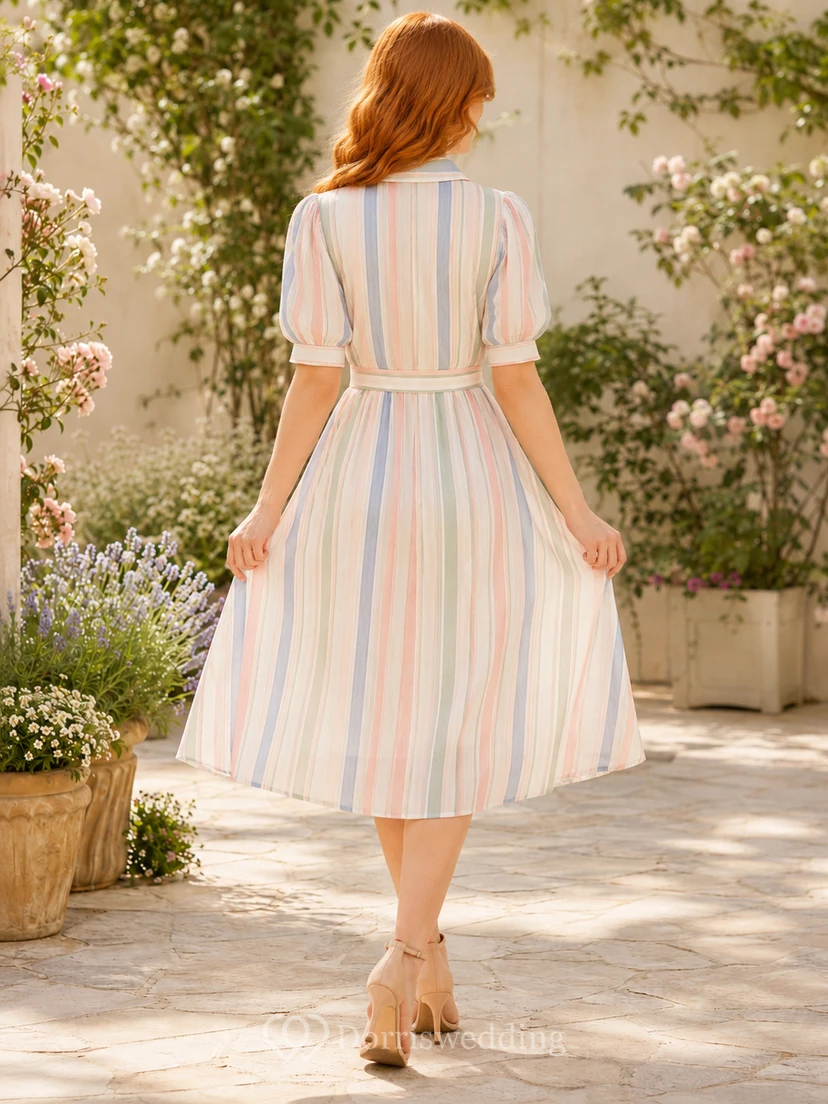 Pastel Striped Shirt Collar Puff Sleeve Garden Midi Dress view 2