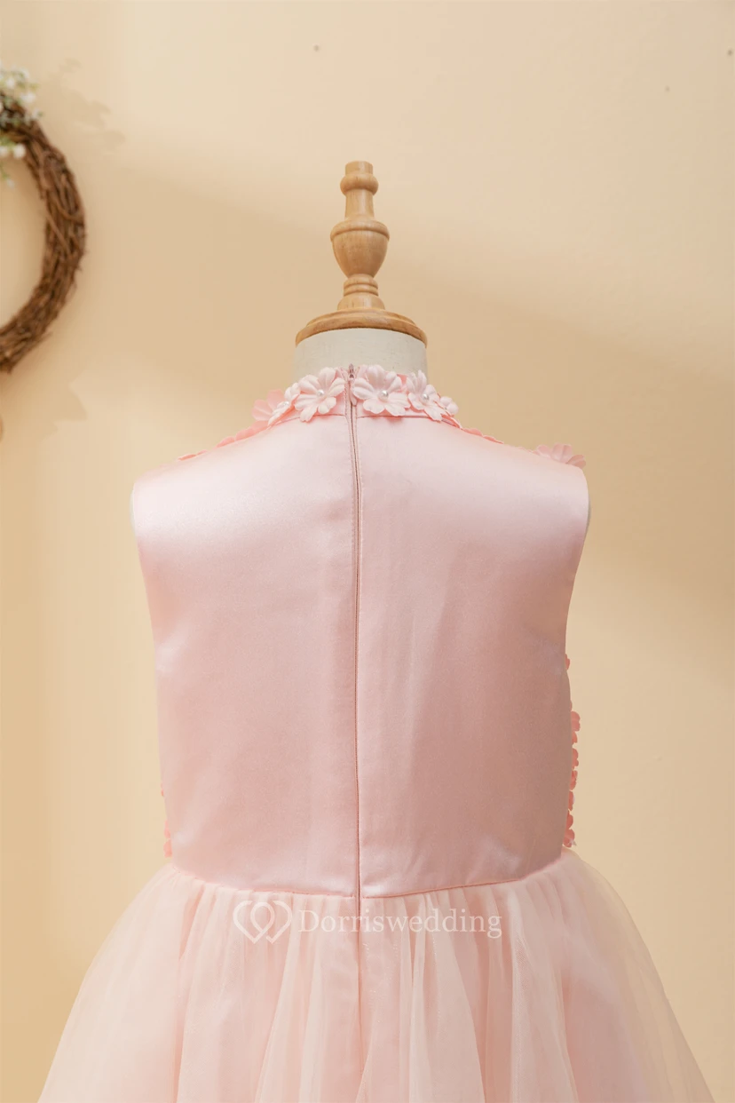Adorable Jewel Sleeveless Tulle A-line Flowergirl Dress with Petal Top view 8