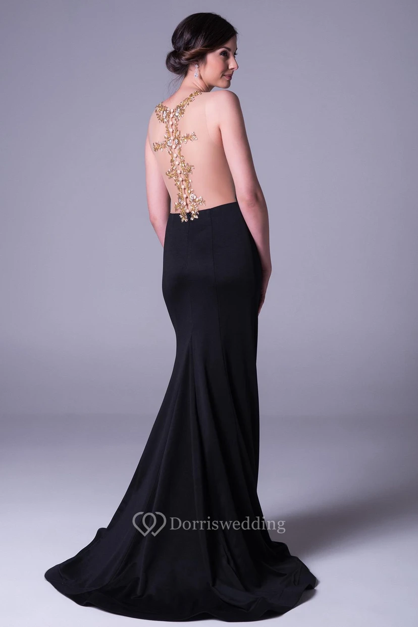 Scoop Long Beaded Chiffon Prom Dress With Sweep Train And Illusion view 2