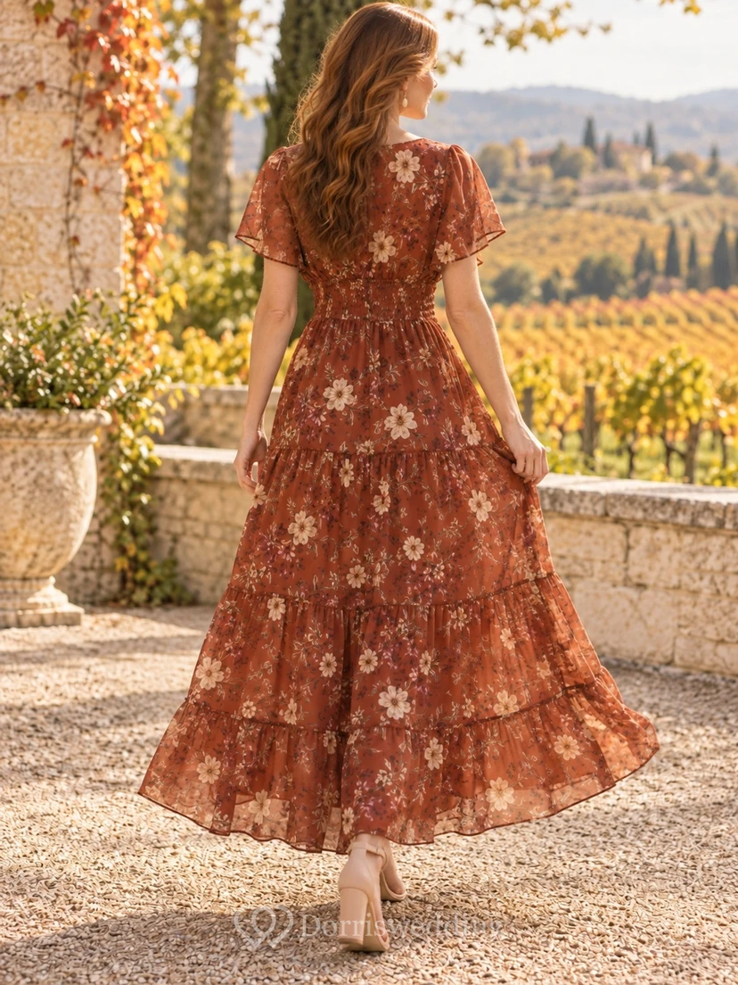 Vestido de otoño de corte A con escote en V y mangas con volantes, estampado floral en tonos marrón óxido. view 2