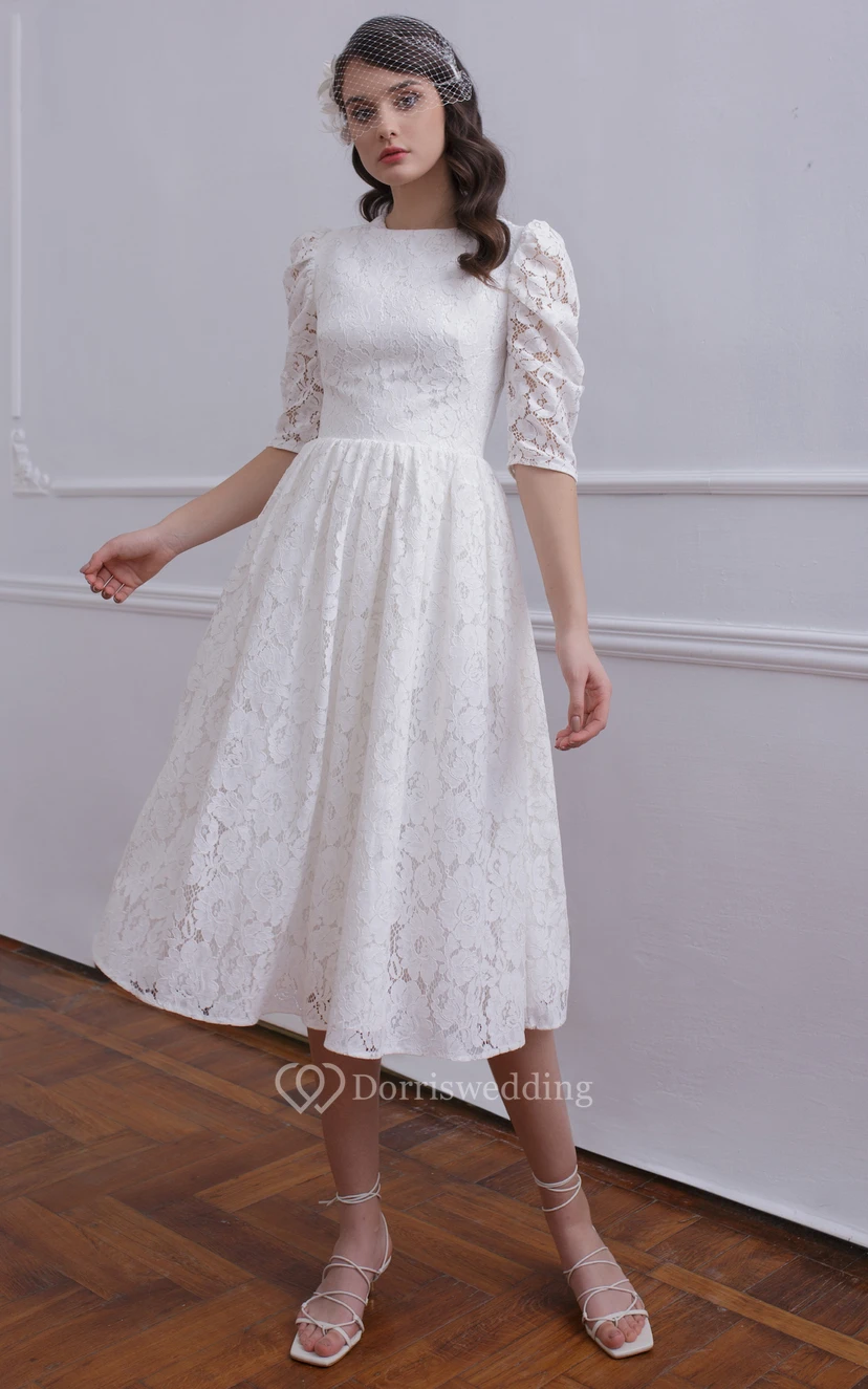 Vintage-Hochzeitskleid in A-Linie mit halben Ärmeln, Teelänge und Spitze, mit Raffungen