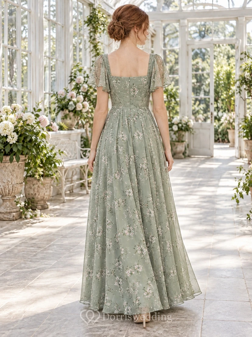 Vestido de dama de honor de gasa con escote cuadrado, mangas abullonadas y corte en A, color verde salvia, estampado floral. view 2