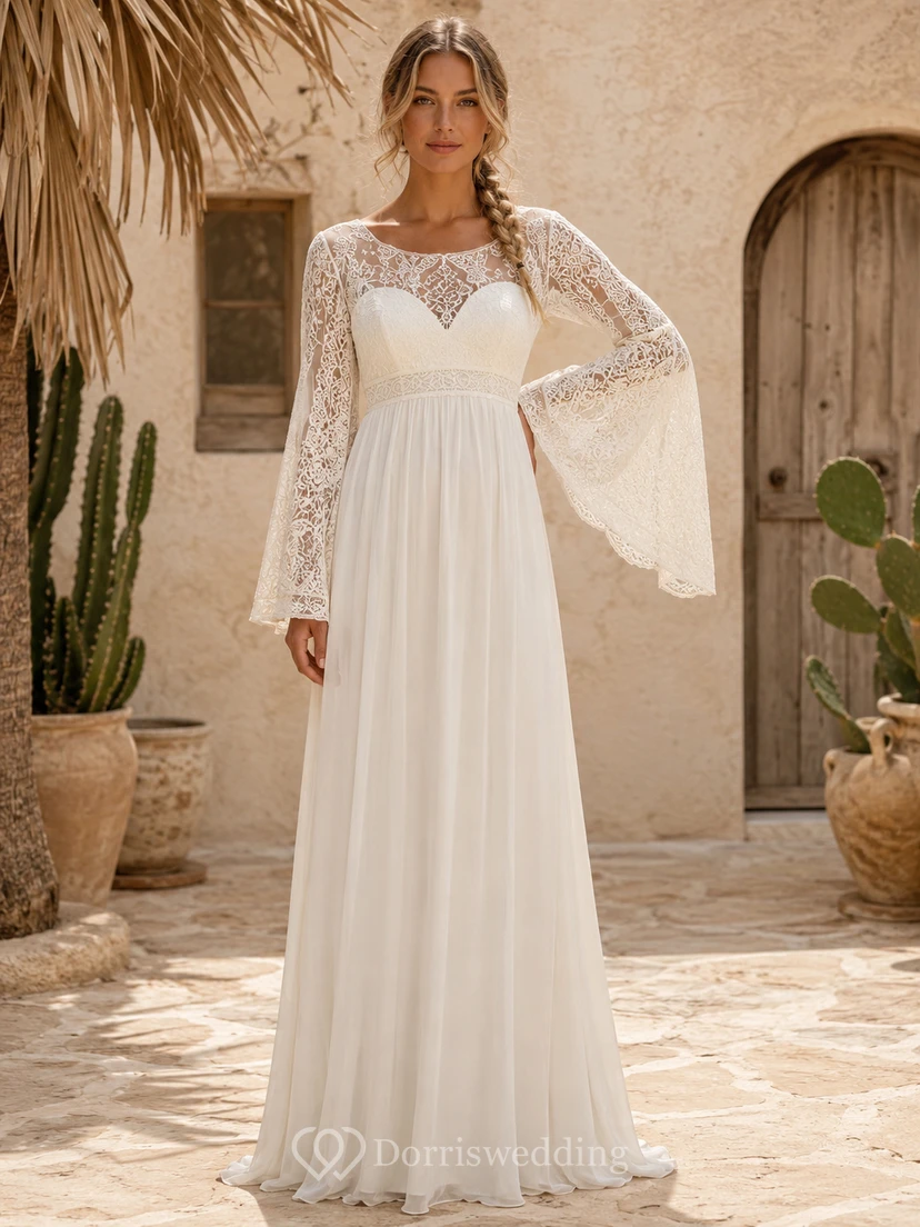 Chiffonkleid im Wüsten-Boho-Stil mit hohem Kragen und Glockenärmeln