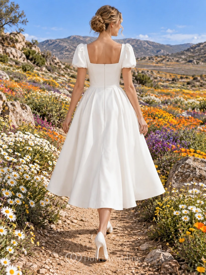 Vestido de novia sencillo de corte A, largo hasta la rodilla, cuello cuadrado, satén, mangas cortas abullonadas. view 2
