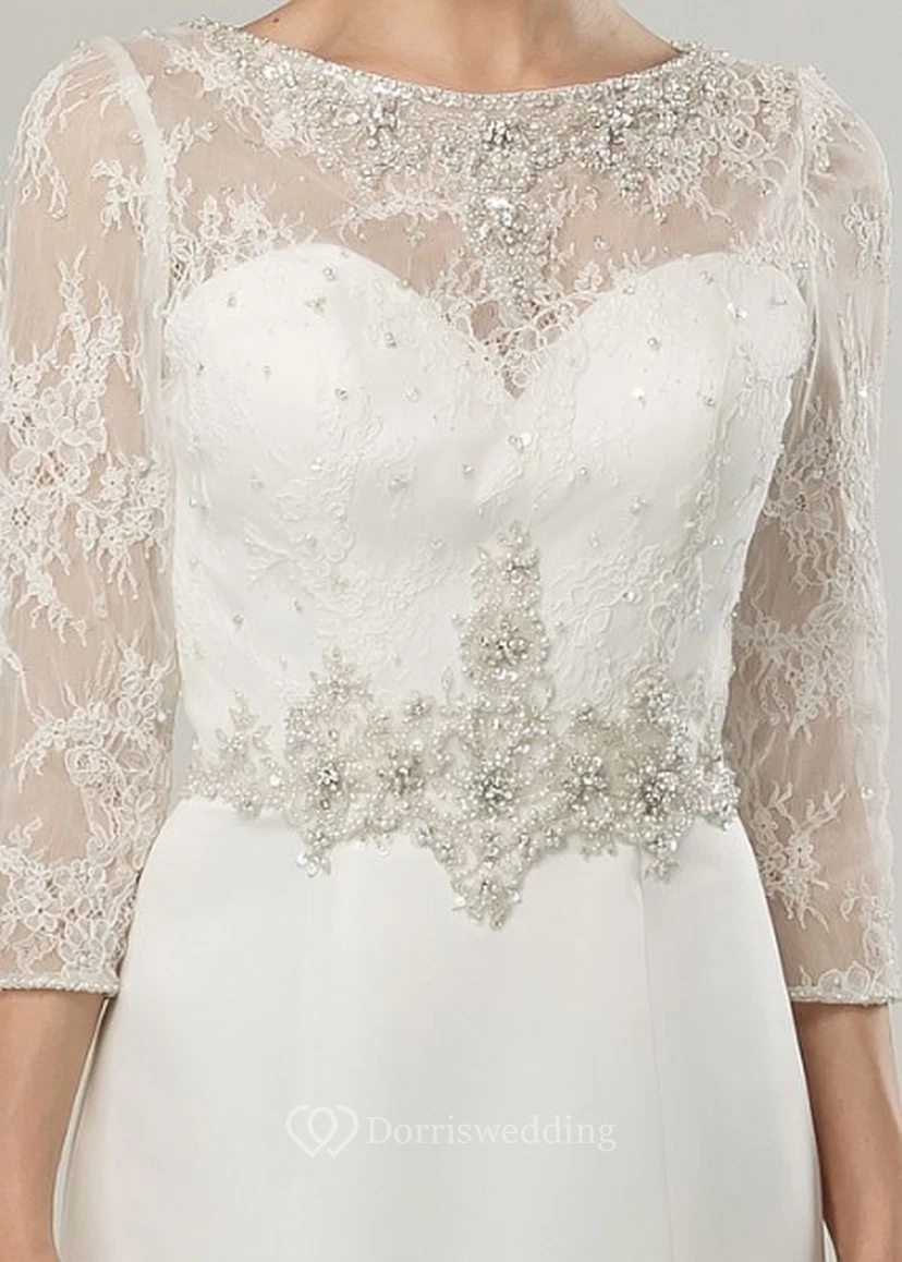 Maxi Scoop Appliqued 3-4-Sleeve Satin Wedding Dress With Sweep Train And Illusion view 3