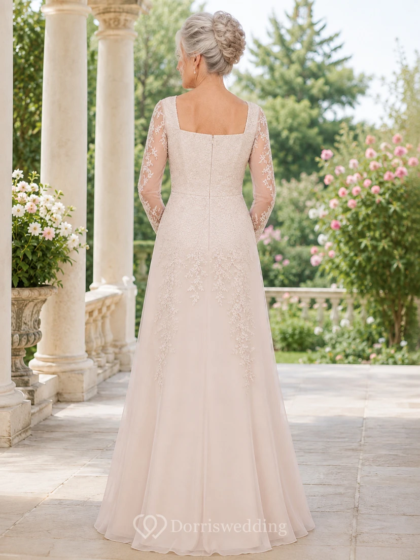 Robe de mariée longue trapèze à col carré et manches illusion en dentelle, style sobre, pour mariées plus âgées