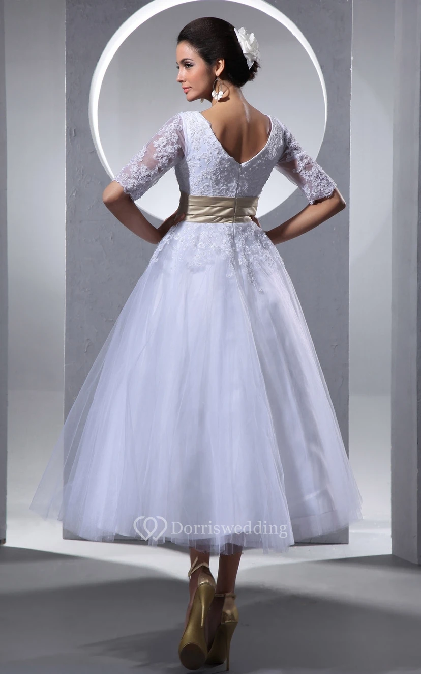 Robe mi-longue à manches courtes et col en V avec superposition de tulle view 12