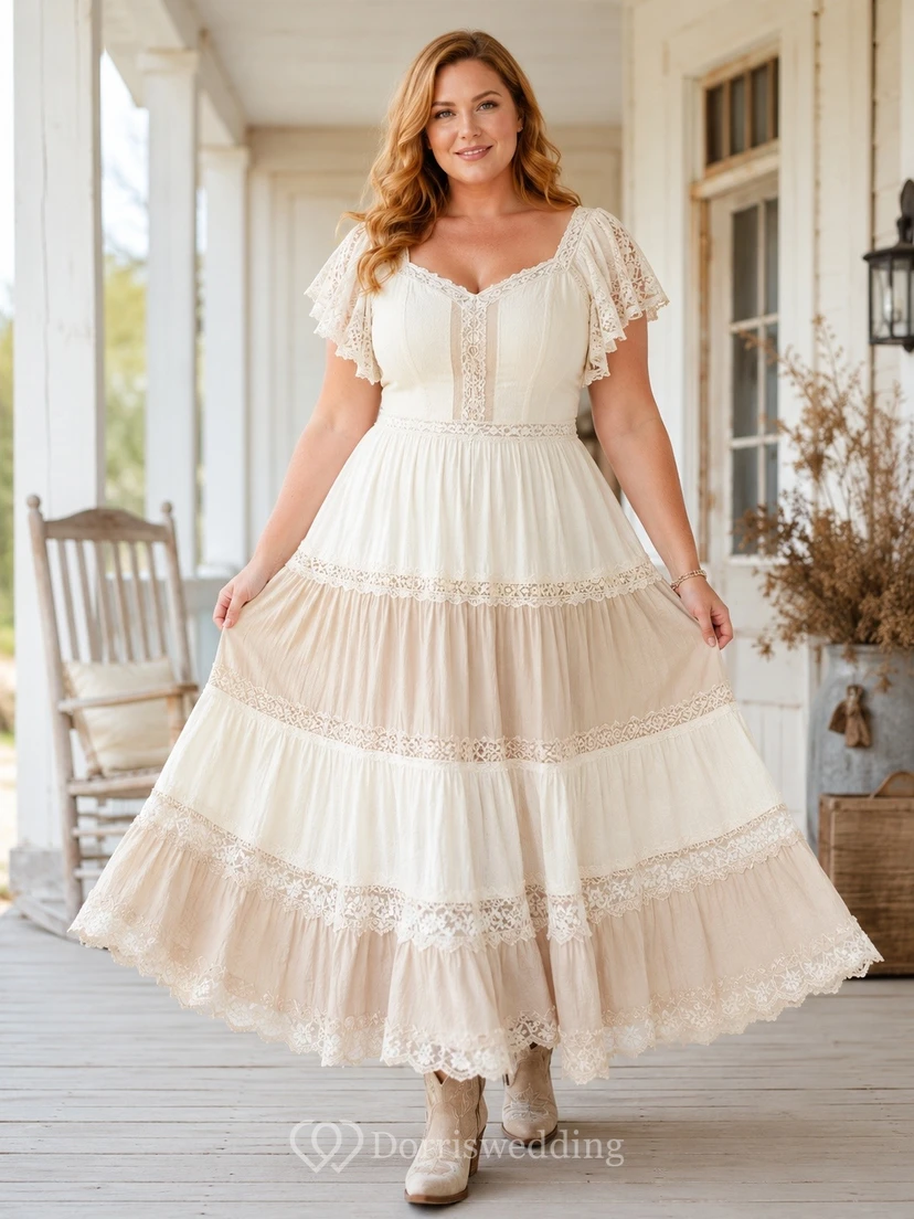 Vestido de encaje de cuello cuadrado color marfil, largo hasta la rodilla, estilo western, talla grande.