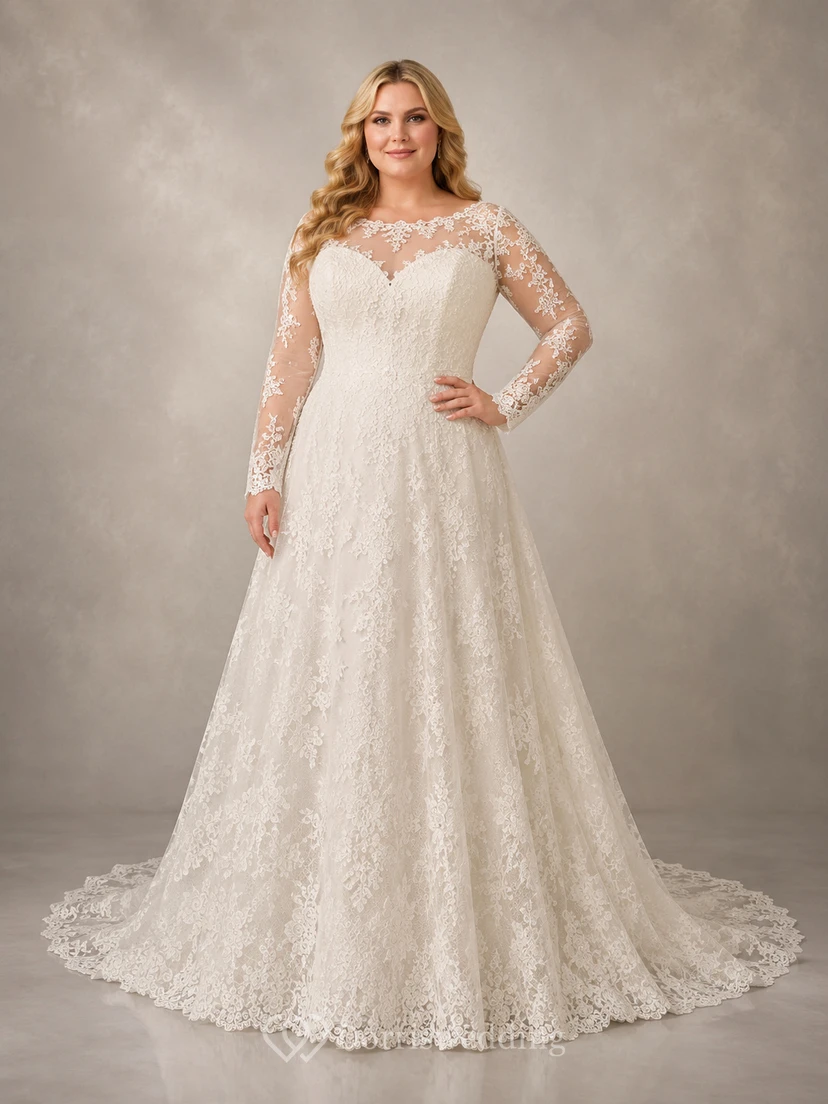 Plus Size Illusion Long Sleeve Lace A-Line Bridal Gown