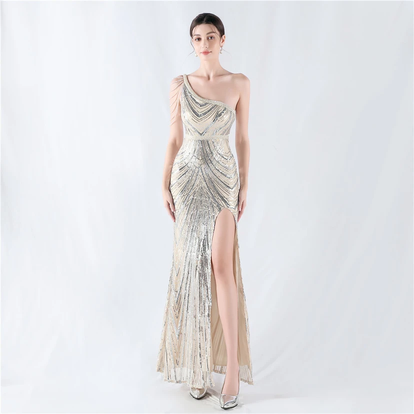 Positioning Flower Beaded Craft Beaded One-Shoulder Oblique Collar High Slit Evening Dress view 63