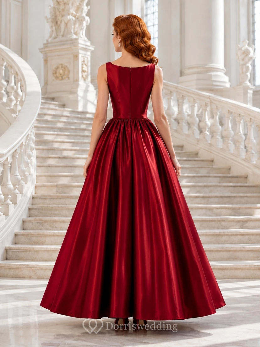 Red Vintage Bateau Pleated Satin Ball Gown Floor-Length Formal Dress view 2