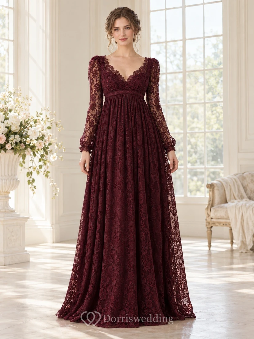 Regency Long Sleeve Burgundy V-neck Empire Floral Lace Evening Gown