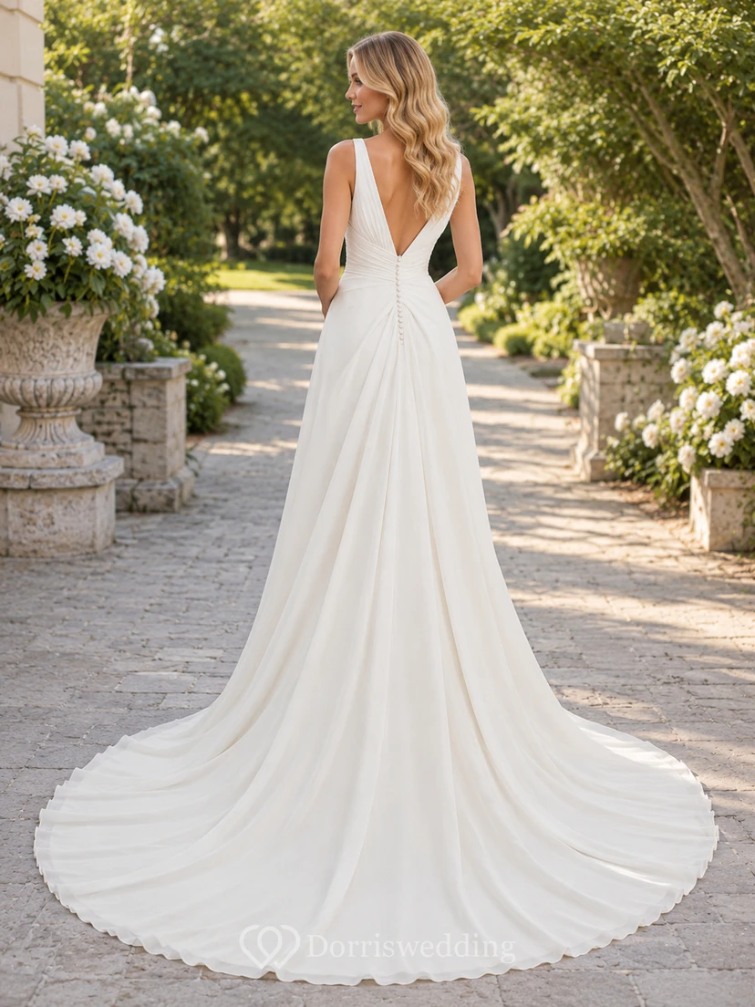 Brautkleid aus Satin, A-Linie, V-Ausschnitt, ärmellos, Kapellenschleppe, tiefer V-Ausschnitt am Rücken view 2