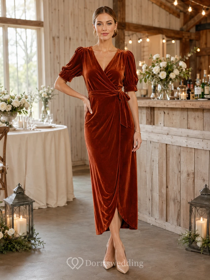 Orange V-Neck Puff Sleeve Ruched Velvet Sheath Midi Wedding Guest Dress