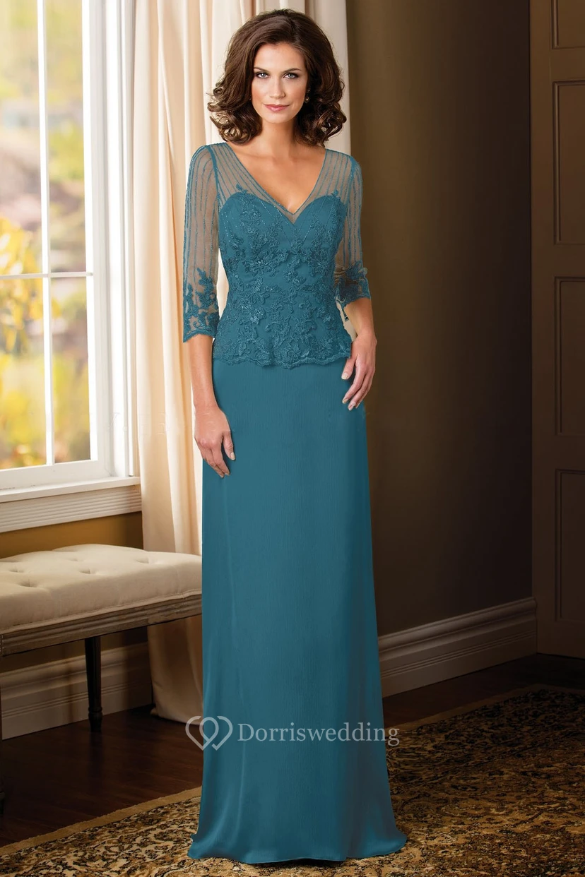 Sheath Appliqued Illusion-Sleeve V-Neck Floor-Length Chiffon Mother Of The Bride Dress With Waist Jewellery