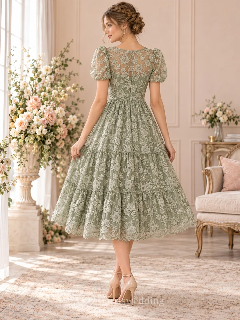 Tea-length Sage Puff Sleeve Tiered Floral Lace Wedding Guest Dress view 2