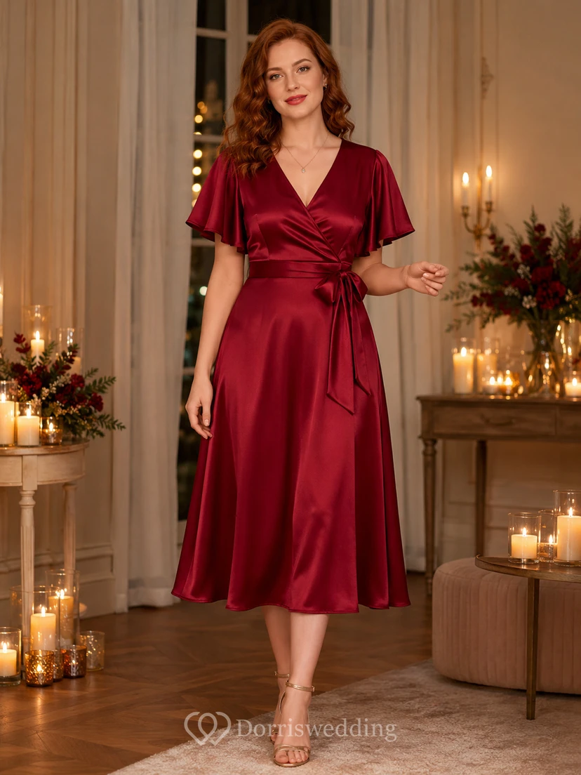 Red Flutter Sleeve Satin A Line Holiday Party Dress