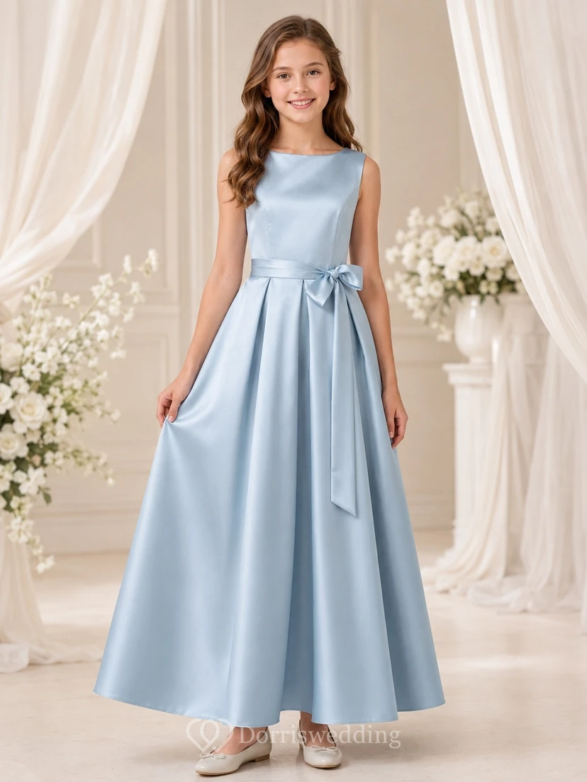 Sky Blue Junior Bridesmaid Dress A-Line Tea-Length Bateau Sleeveless Waist Bow Romantic