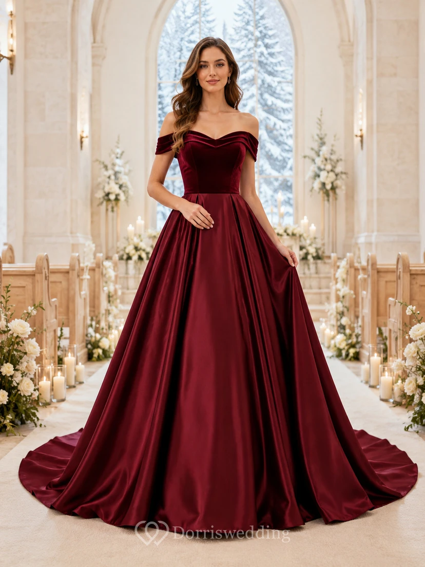 Burgunderrotes schulterfreies Samt-Ballkleid für die Hochzeit