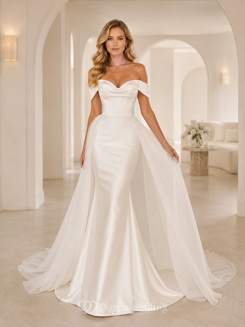 Robe de mariée champêtre en satin sans coutures, épaules dénudées, manches courtes, coupe trapèze, traîne chapelle, plissée