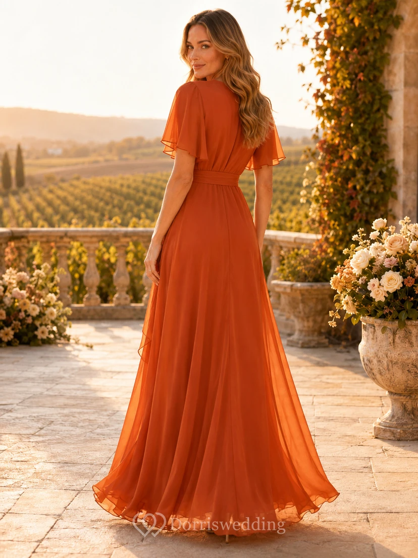 Burnt Orange V Neck Flutter Sleeve Chiffon Floor Guest Dress view 2