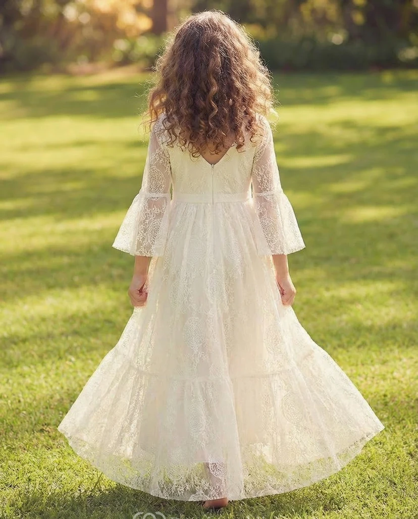 Bell Sleeve Bohemian Lace Flower Girl Dress view 2