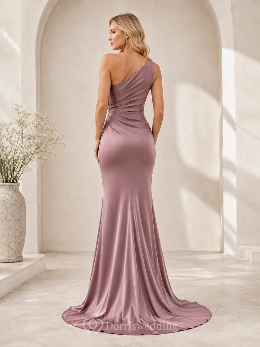 Mauve Satin One Shoulder Mermaid Sweep Train Luxury Formal Evening Dress view 2