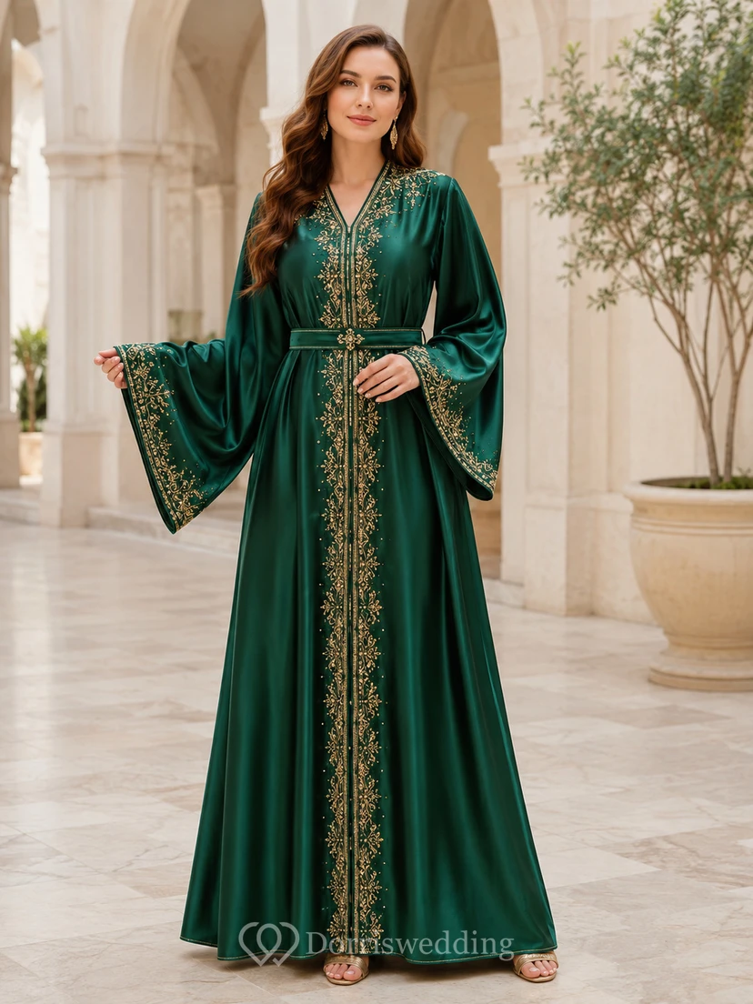 Emerald Satin Abaya A Line Floor Length V Neck Embroidered Bell Sleeve Dress