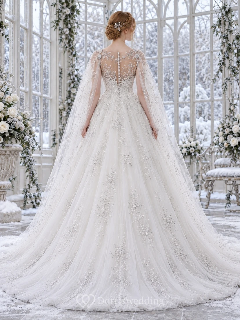 Vestido de novia de invierno con cuello joya transparente y capa bordada con copos de nieve, corte A view 2