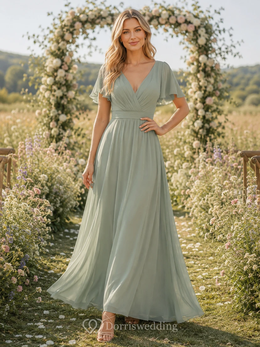 Sage Green Flutter Sleeve V Neck Floor Length A Line Guest Dress
