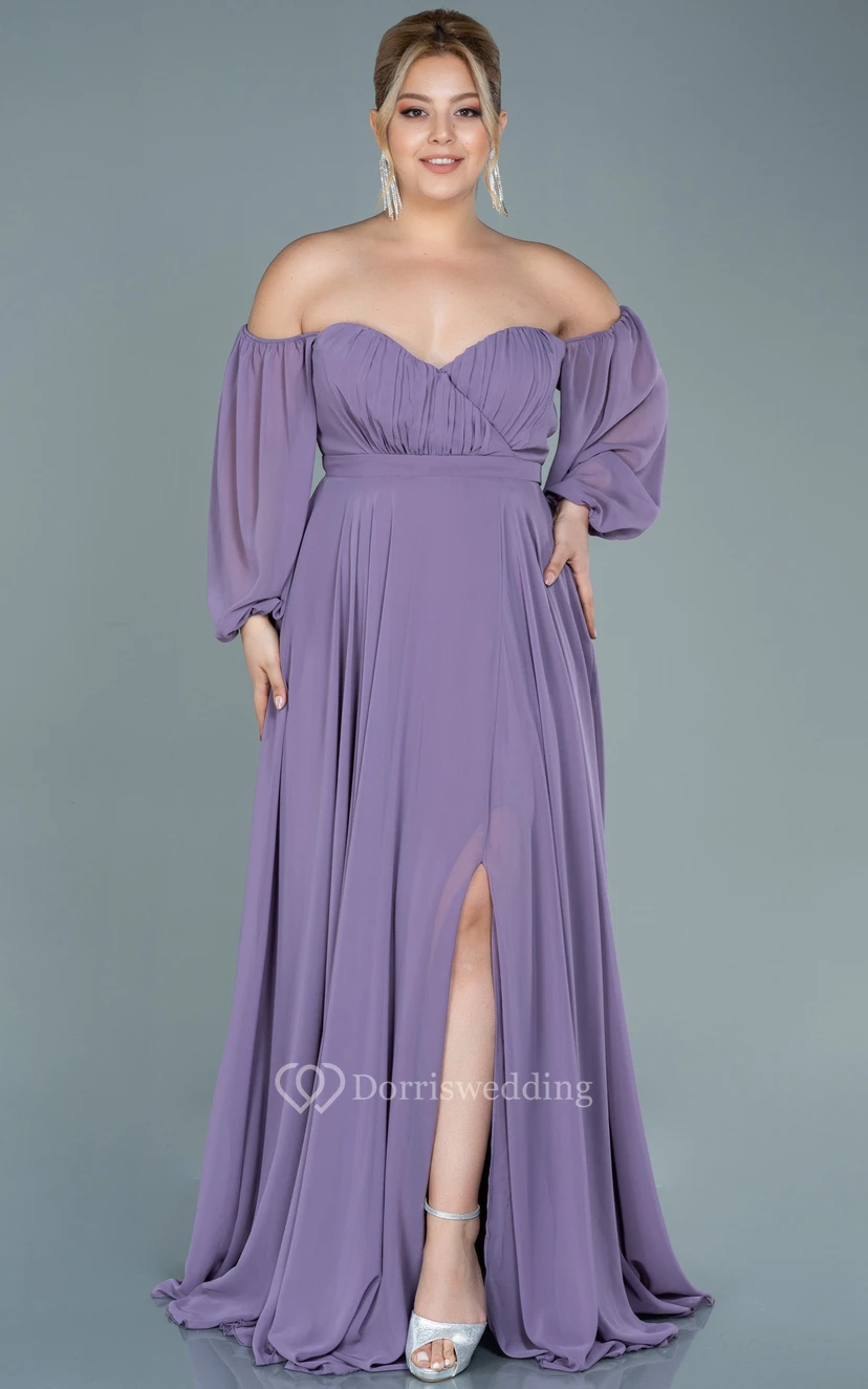 Off-the-shoulder Sweetheart Empire Plus Size Chiffon Front Split Evening Dress view 7
