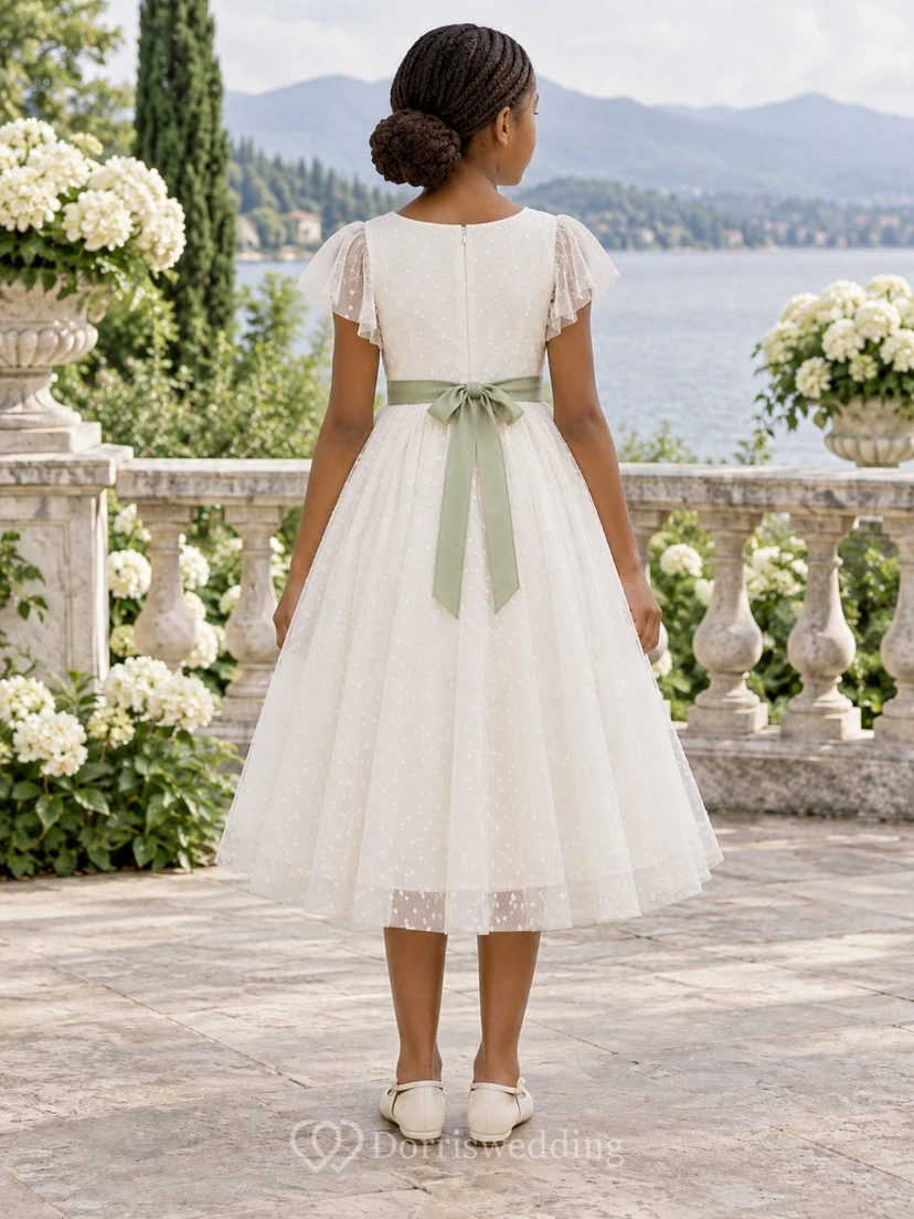 Tea-length Ivory A-line Lace Tulle Flutter-sleeve Green-sash Bow-back Flower Girl Dress view 2