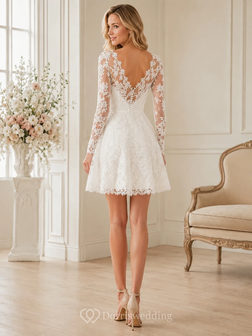 Vestido de novia elegante y romántico con escote en V corto y mangas largas de encaje. view 2