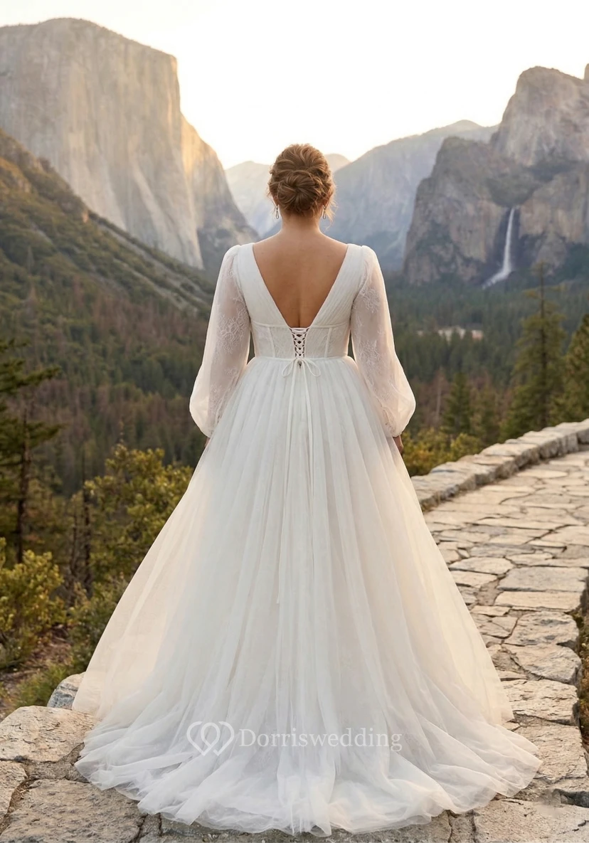 Plus Size Tüll-Hochzeitskleid mit V-Ausschnitt, Bischofsärmeln und Korsett-Oberteil view 2