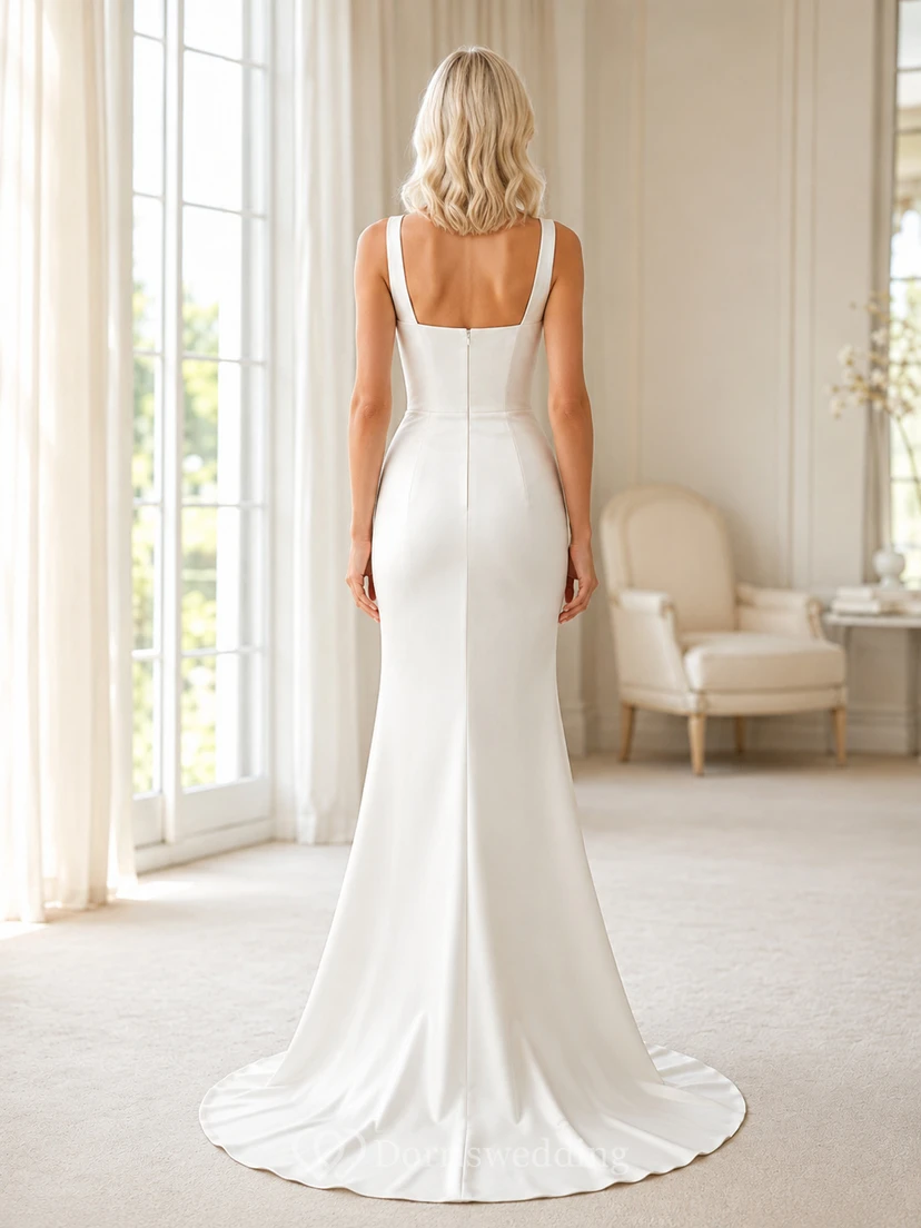 Square neck satin rehearsal mermaid gown with wide straps view 2