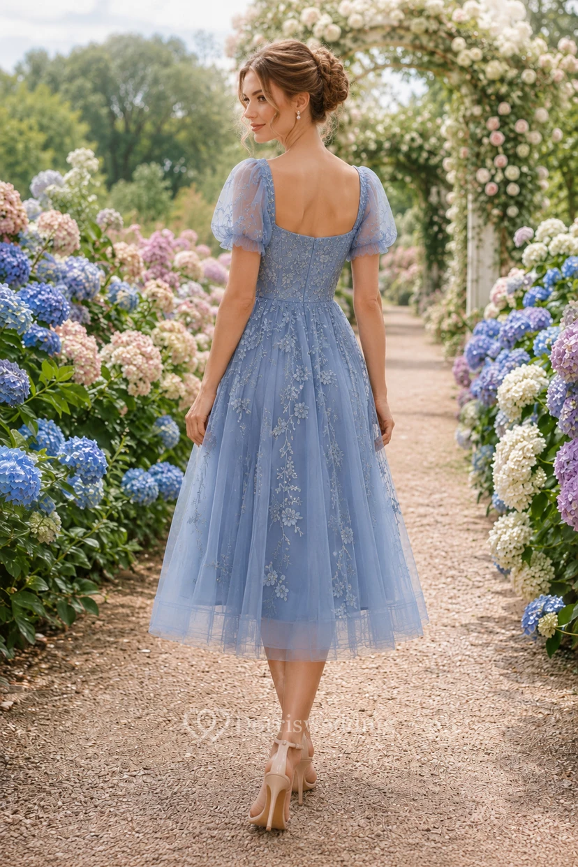 Wedding Guest Dress Sky Blue Lace Tulle A-Line Sweetheart Puff Sleeve Tea Length view 2