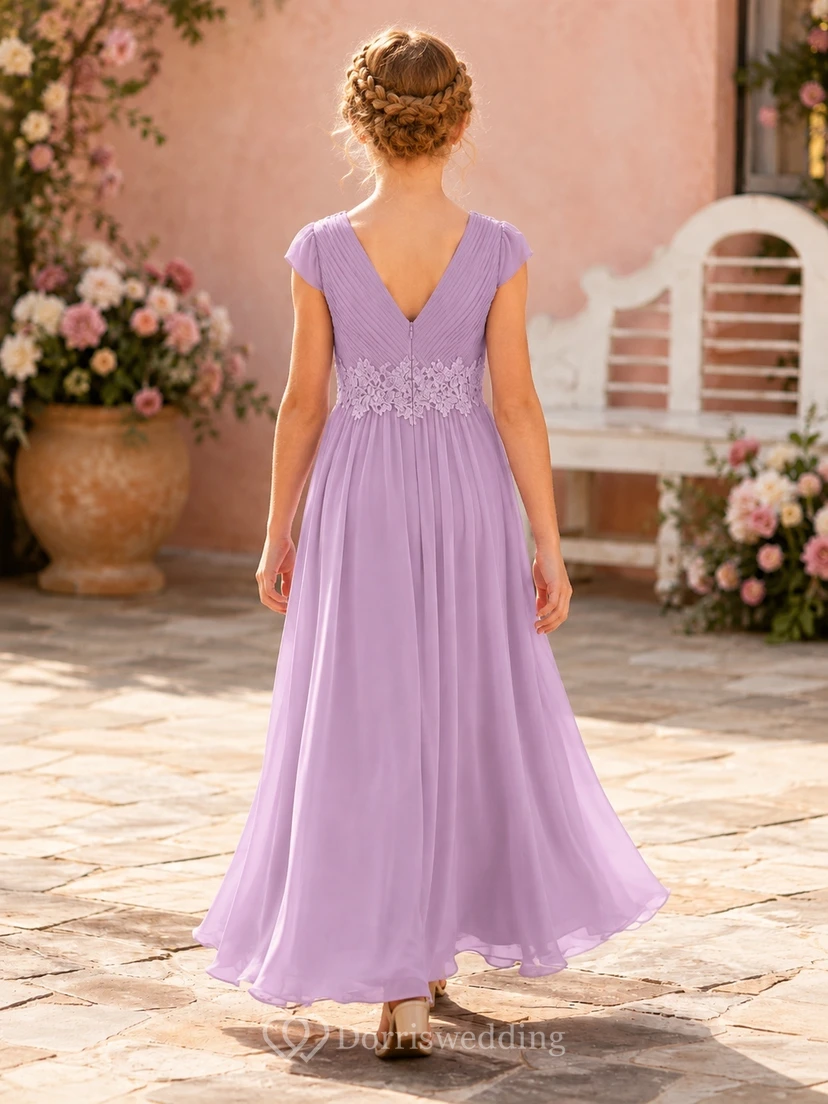Lavendelfarbenes Brautjungfernkleid für junge Damen, A-Linie, V-Ausschnitt, kurze Blütenblattärmel, elegante Spitze view 2