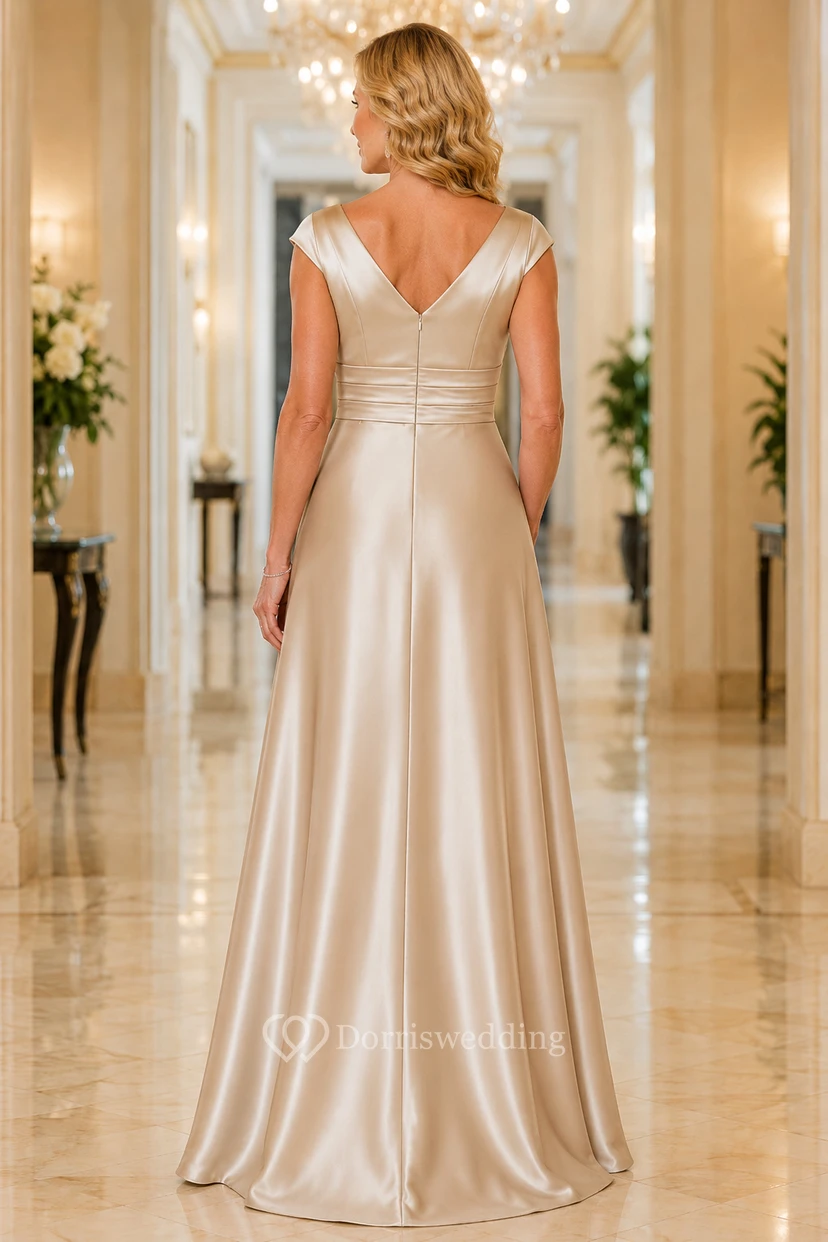 Champagnerfarbenes Satin-Kleid mit Wasserfallausschnitt und A-Linien-Design für Mütter view 2