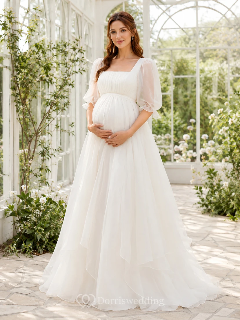 Maternity Wedding Dress Square Neck Puff Sleeve Simple Garden Bridal Gown with Train
