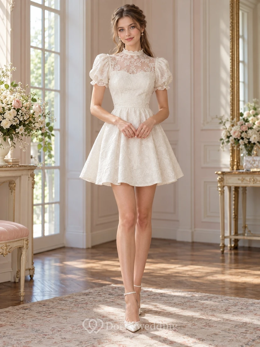 Robe cocktail trapèze courte à col montant et manches bouffantes en dentelle florale
