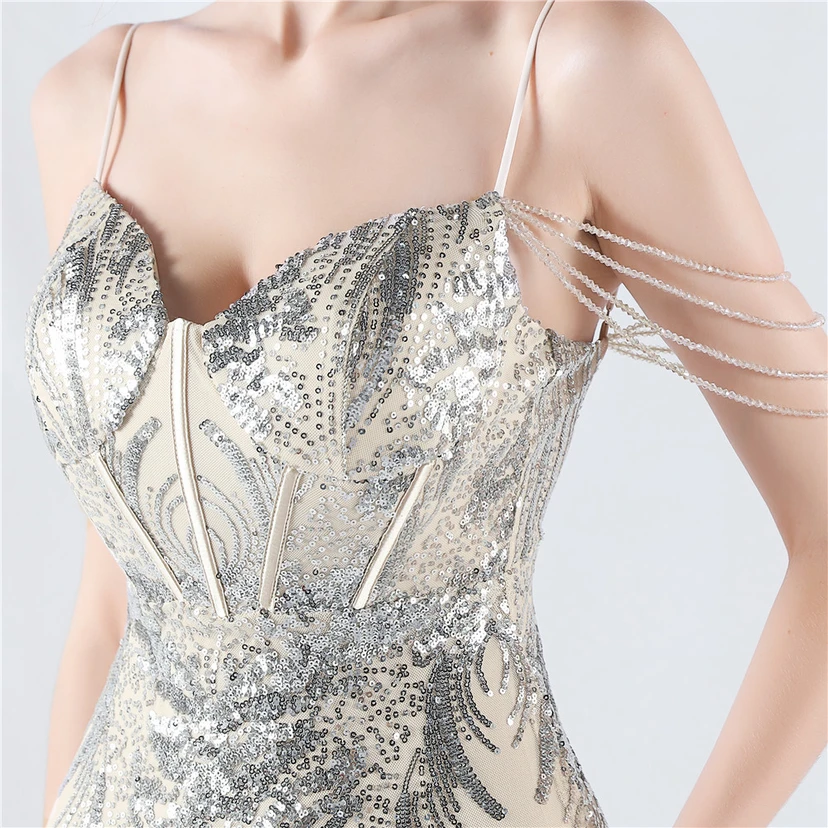 Waist-Reduced Fishbone Shaping Positioning Flower Sequined Anchor Sexy Beaded Suspender Evening Dress view 9