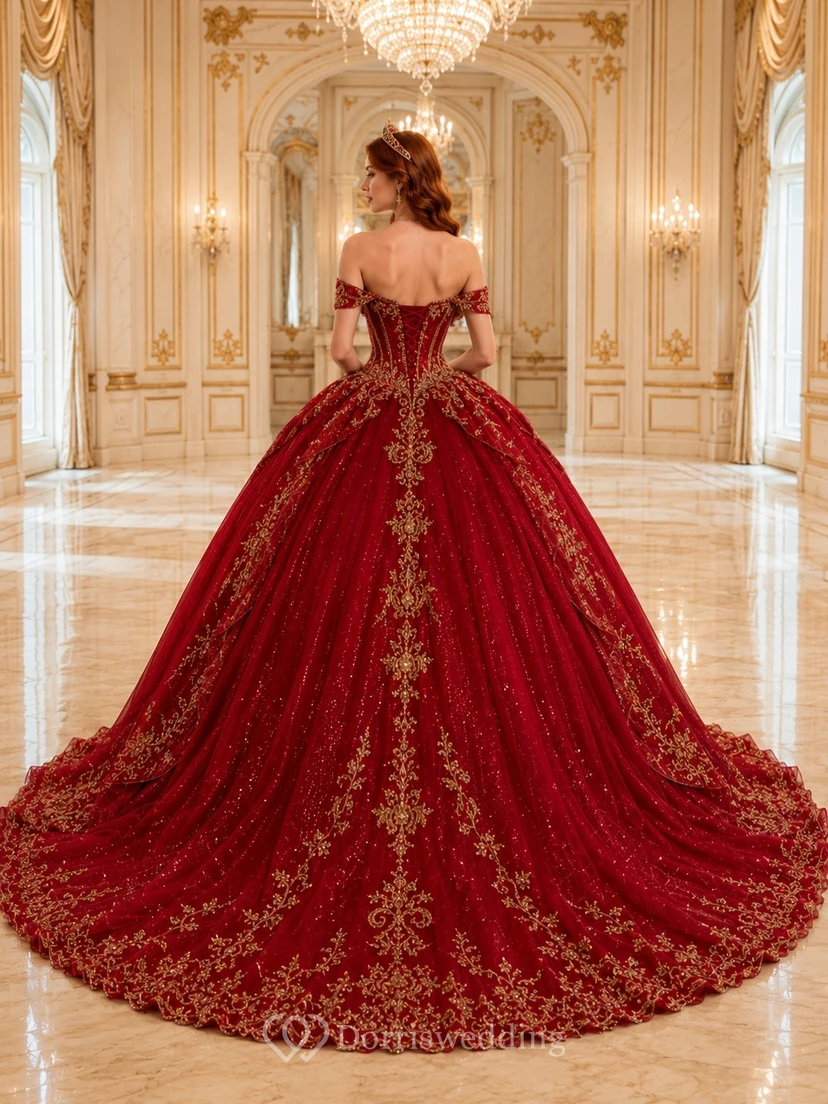 Vestido de quinceañera rojo de princesa con hombros descubiertos y bordados dorados view 2