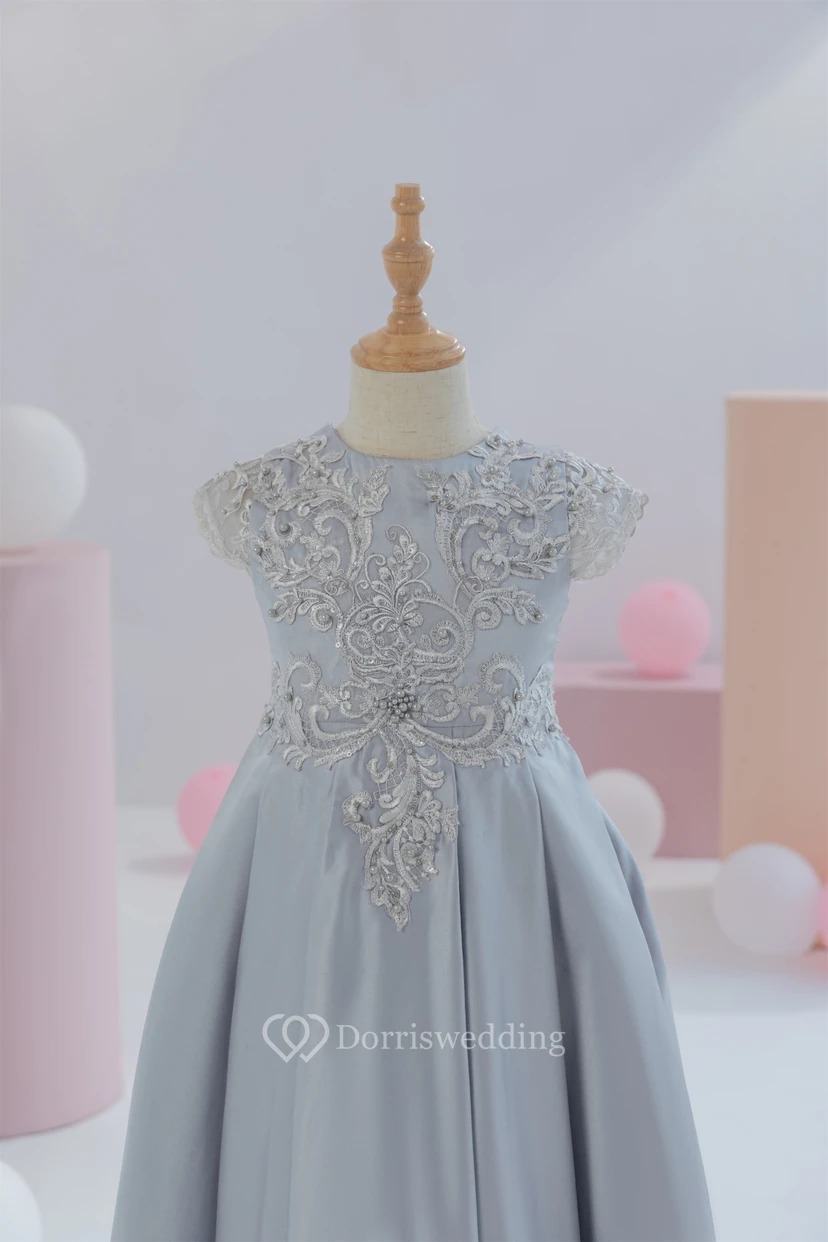 Scoop-neck Short-sleeve Satin Empire Ball Gown Flowergirl Dress with Appliques view 3