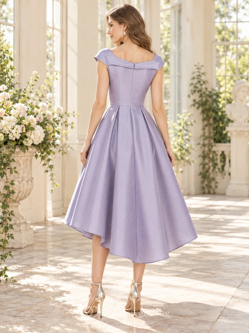 High-low Lavender Asymmetric Folded Neck Satin A-line Cocktail Dress view 2
