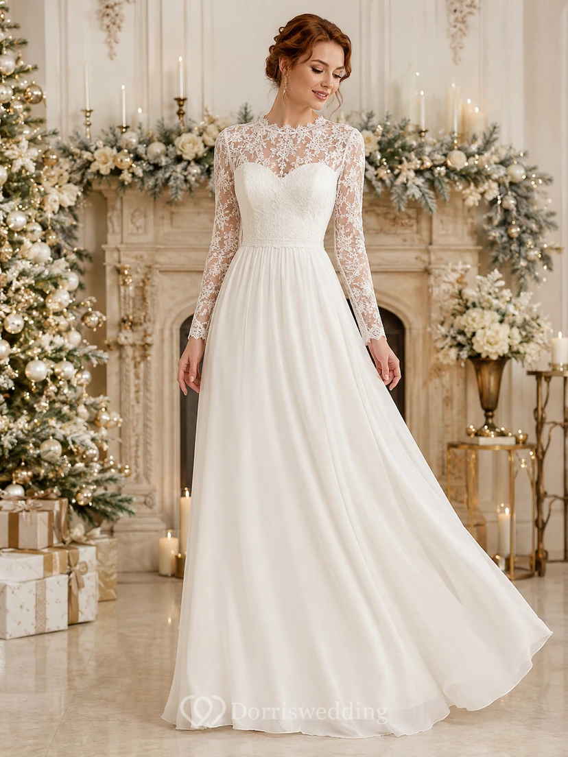 Weißes, hochgeschlossenes, bodenlanges A-Linien-Kleid aus Chiffon mit langen Illusionsärmeln und Spitze