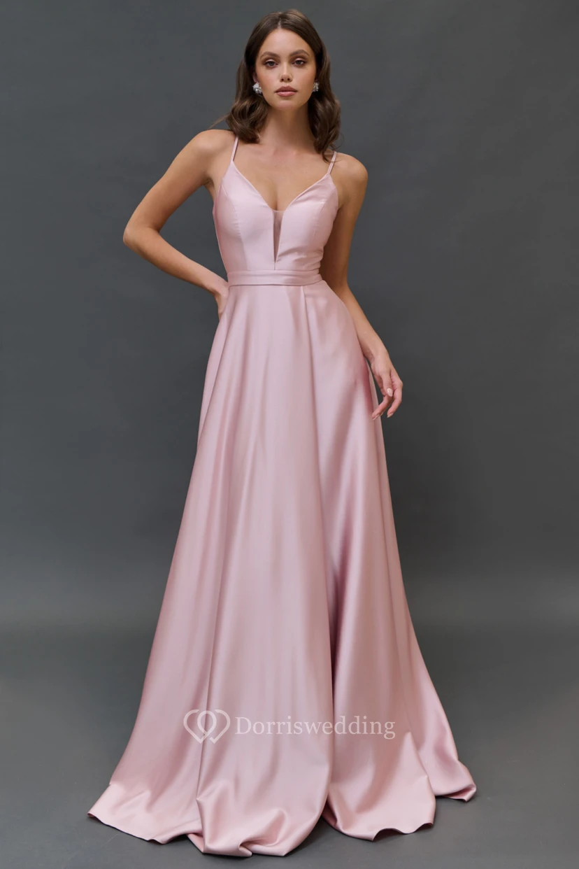 Rosa Spaghetti-Satin-Empire-Kleid mit Kerbe video preview