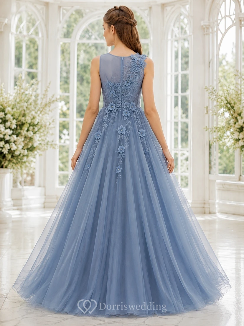 Vestido de dama de honor juvenil azul acero, vestido de gala, joyas, sin mangas, tul, apliques florales, romántico view 2